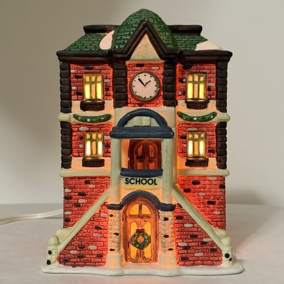 Vintage Holiday Expressions Illuminated Ceramic Schoolhouse Dual Stairs 7.5"